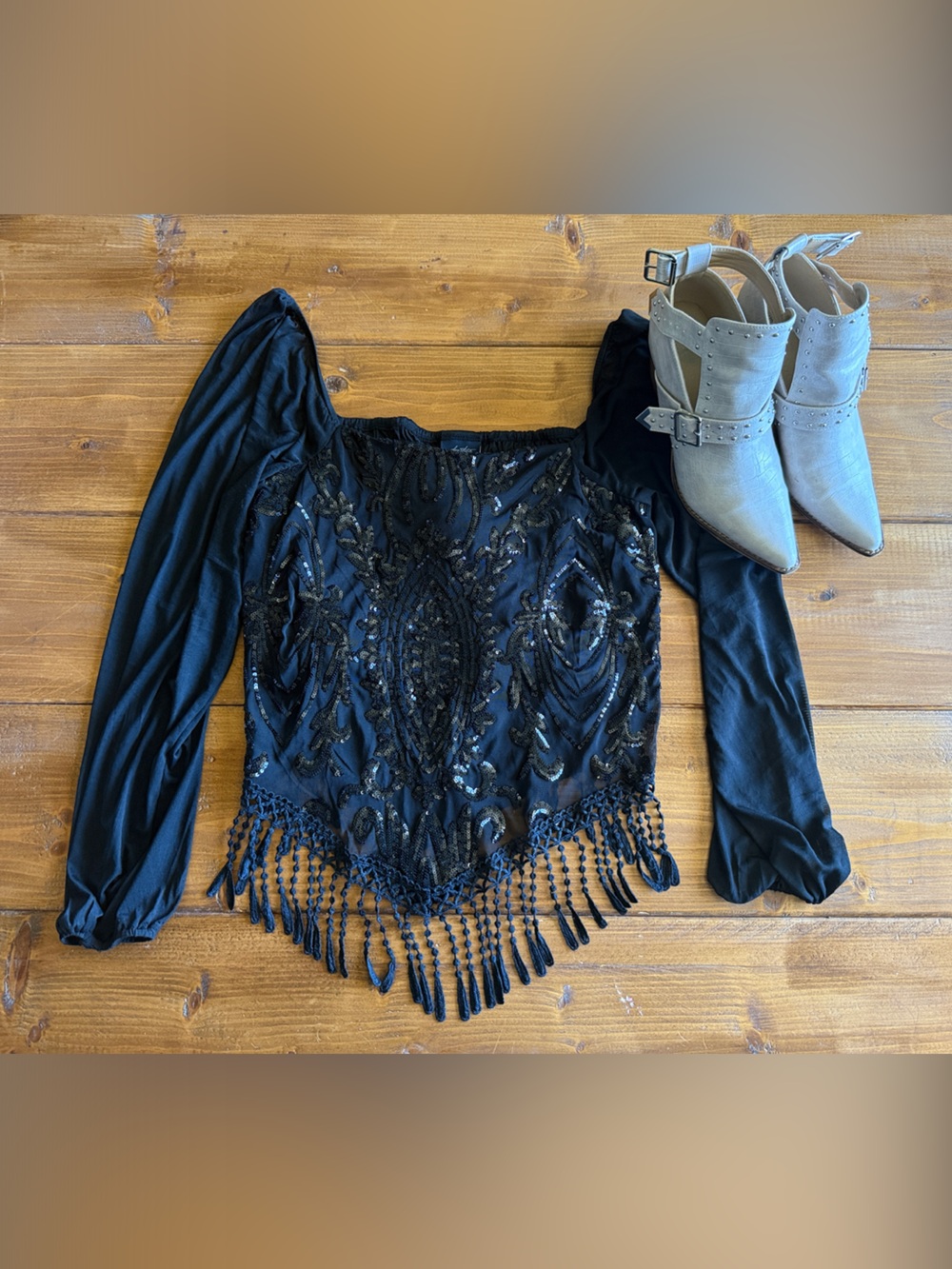 Daytrip Black Beaded Fringe Long-Sleeve Crop Top